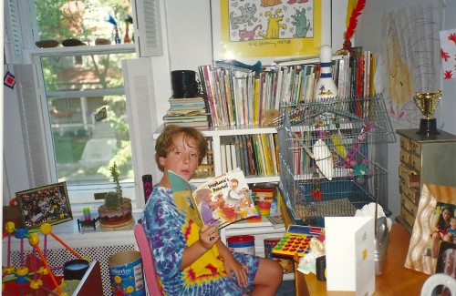 Harry reading to his parakeet, 1999